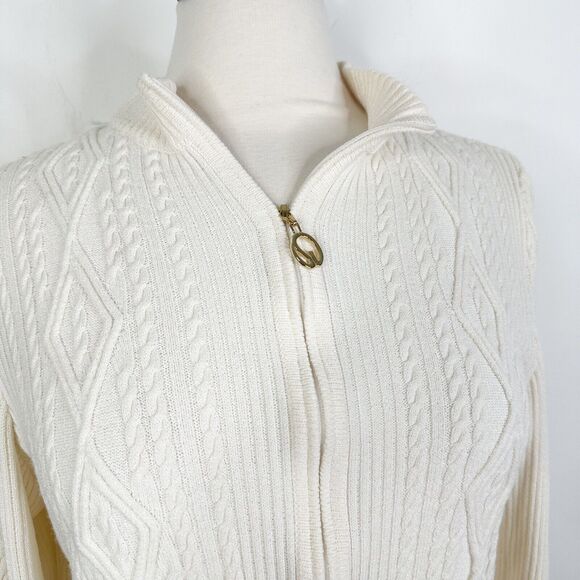 St. John Collection Size 6 Off White Ivory Ribbed Knit Zip Front Jacket Sweater - Picture 4 of 11